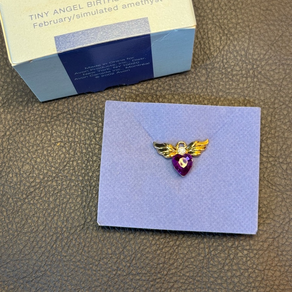 Vintage Avon Tiny Angel Birthstone Pin, February, Simulated Amethyst, New In Box